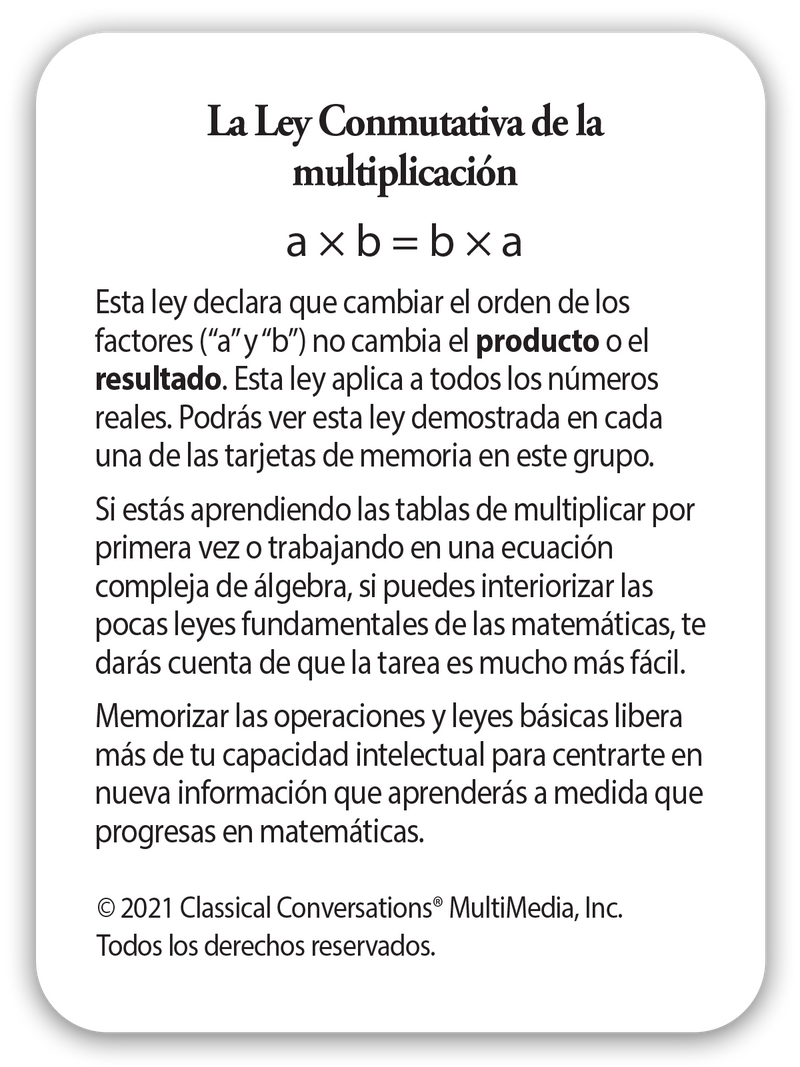 Multiplicación La Ley Conmutativa (CC Math Flashcards Spanish For Multiplication)